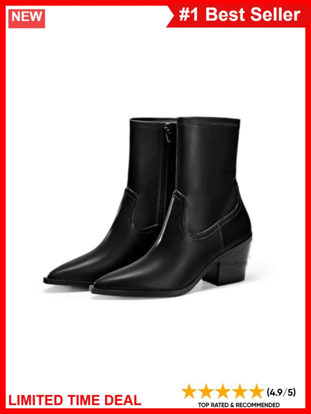 Faux Leather Ankle Boots Pointed Toe Chunky Stacked Heel Side Zipper Fall